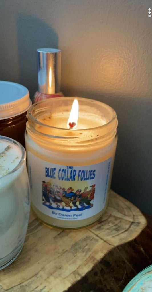 All natural soy, phalate free, toxic free candles with the Blue Collar Follies logo